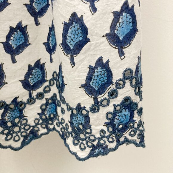 Saule Parc Milly Dress Size XS Blue Block Print Cotton Flutter Sleeves Eyelet - Picture 7 of 11